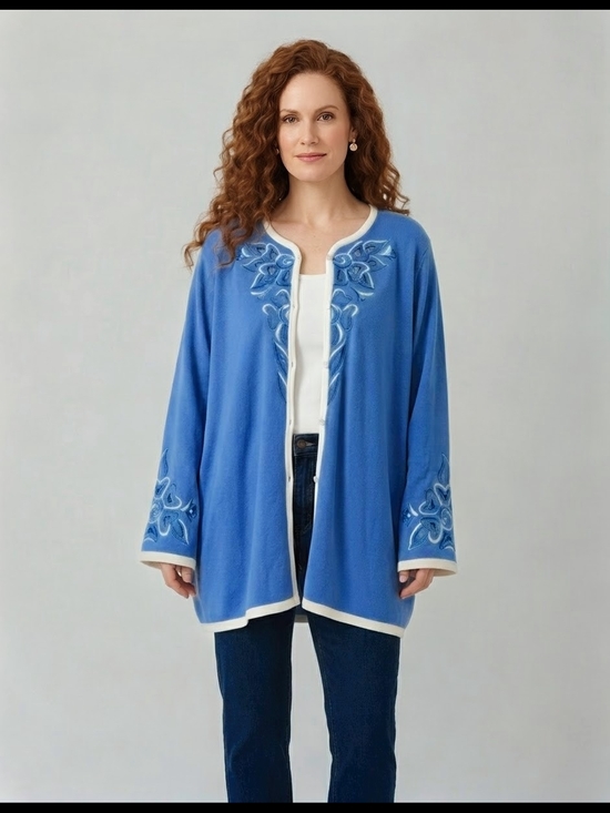 Bob Mackie Sweaters - Vintage Bob Mackie Wearable Art Cardigan Blue Floral Embroidery Open Front